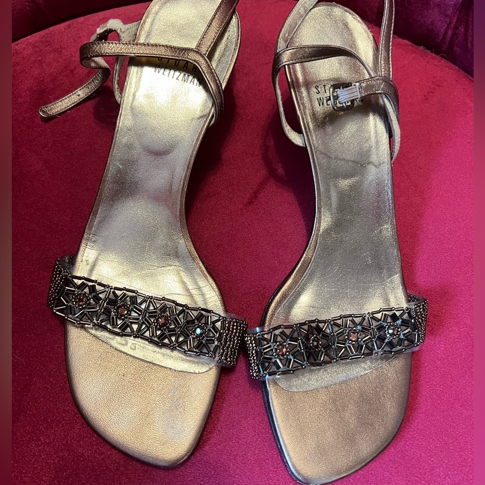 Vintage Stuart Weitzman Bronze Beaded Kitten heel 8